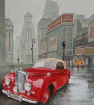 Red Bentley in rainy New York, oil, 90x80cm
