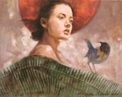 Dziewczyna z ptaszkiem, Girl with a bird, olej, oil, 40x30cm