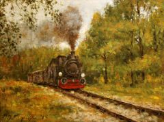 wąskotorówka, pociąg, lokomotywa, narrow-gauge track, oil, canvas on panel, 38x29cm