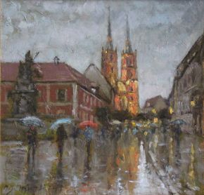Wrocław w deszczu, Breslau im Regen, olej, płótno na płycie 21x20cm