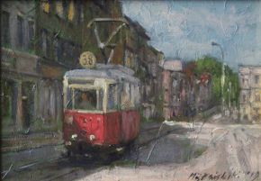 Bytom stary tramwaj, Beuthen, olej płótno 33x22cm