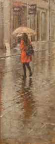 Samotna w deszczowym Krakowie, Lonely girl in rainy Cracow, oli 63,7x25cm