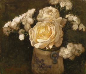Róże białe, Roses, olej płótno na płycie, 32x29cm